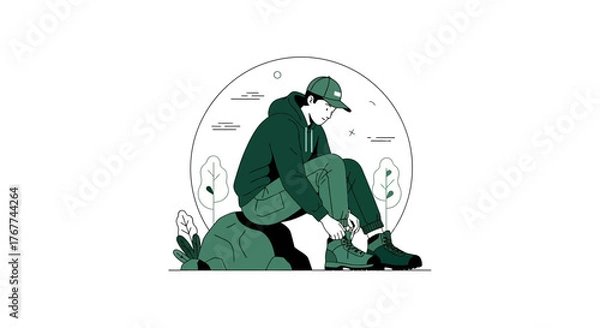 Fototapeta A Person Preparing For Climbing Or Hiking With Outdoor Boots And Green Clothes