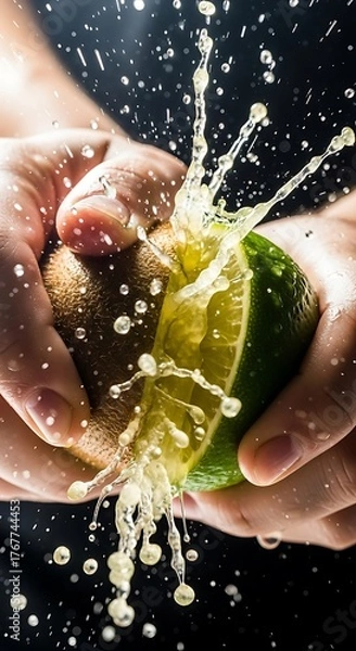 Obraz Vibrant citrus burst: Squeezing fresh lime with hands creates dynamic splash moment against dark setting