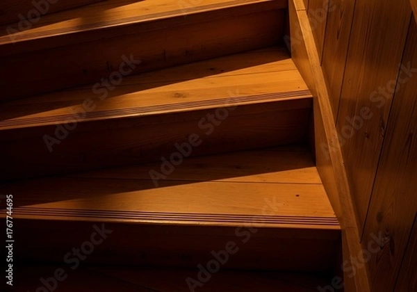 Obraz Wooden Staircase Accentuated by Light and Shadow with Wall Detail