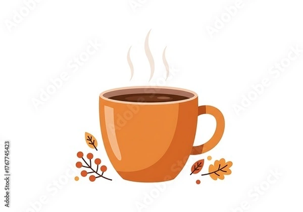 Fototapeta Steaming Orange Mug with Hot Drink, Autumn Leaves, and Berries Illustration for Cozy Fall Season