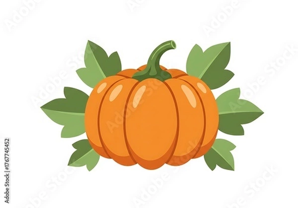 Fototapeta Vibrant orange pumpkin with green leaves. Flat vector illustration for autumn, fall harvest, Halloween, and Thanksgiving designs.
