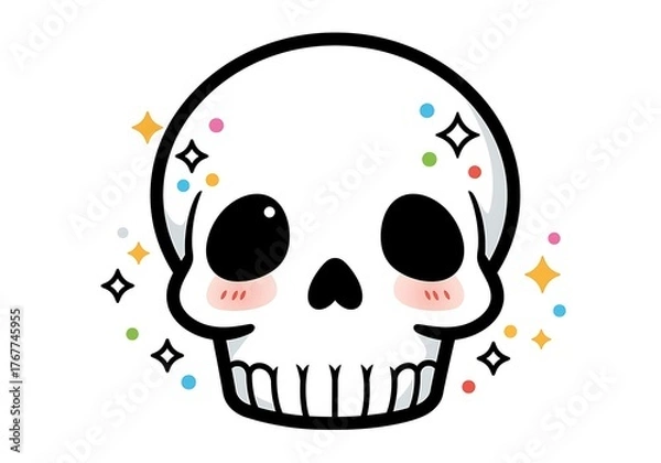 Fototapeta Cute Kawaii Skull Illustration with Sparkles and Blushed Cheeks