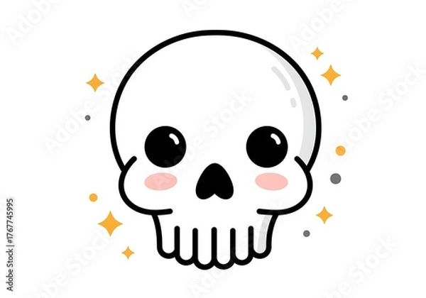 Fototapeta Kawaii cute cartoon skull illustration with rosy cheeks and sparkling accents on white background