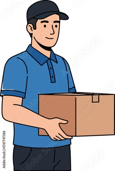 Fototapeta Delivery man holding a cardboard box concept of shipping, courier service, and package delivery to customer