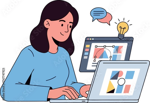 Fototapeta Young woman working on laptop with design software she is creating graphic content with idea and communication