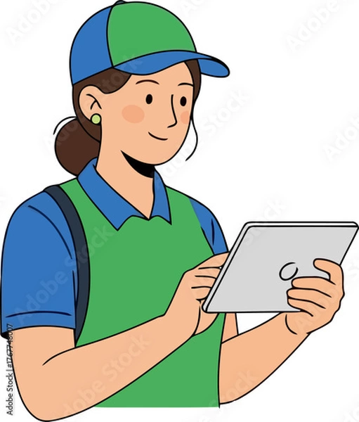 Fototapeta A woman is using a tablet she is wearing a cap and a vest, and she is looking at the tablet screen