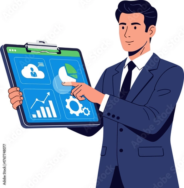 Fototapeta A businessman is presenting a clipboard with charts and graphs he is wearing a suit and tie
