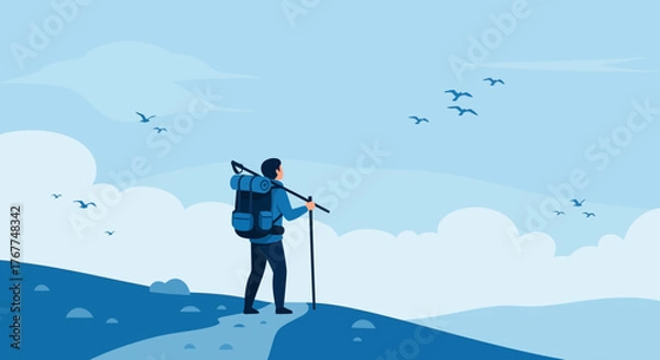 Obraz Adventurer Ascending A Mountain Trail, Observing Flying Birds And The Vast Horizon