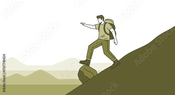 Fototapeta Adventurer Ascending A Steep Mountain, Reaching New Heights While Backpacking Outdoors