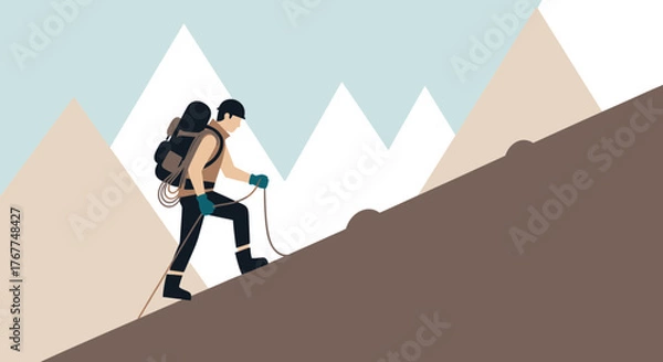 Obraz Adventurer Ascending A Steep Slope Towards Imposing Peaks in Vibrant Minimalism