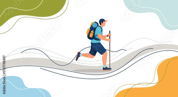 Fototapeta Adventurer Ascending A Trail With Staff and Backpack, Ready For An Expedition