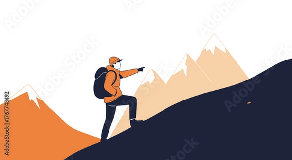 Obraz Adventurer Ascending Mountain Peak Pointing Towards Future Goals And New Opportunities