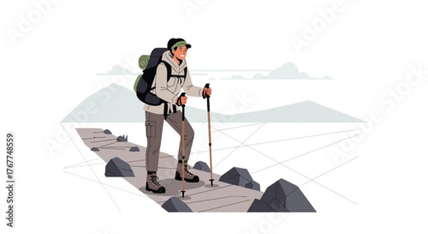 Obraz Adventurer Ascending Mountain Trail With Hiking Gear: A Journey Of Discovery