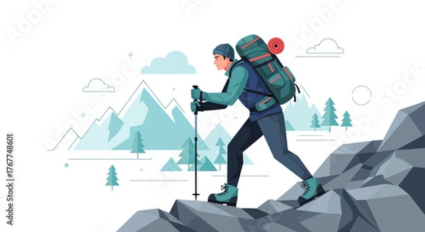 Fototapeta Adventurer Ascending Rocky Terrain towards Mountains Peaks with Backpack and Trekking Poles
