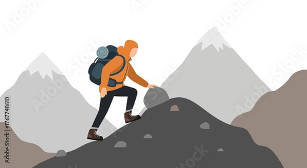 Obraz Adventurer Ascending Rocky Terrain Towards Snowy Peaks, A Climb Full of Determination