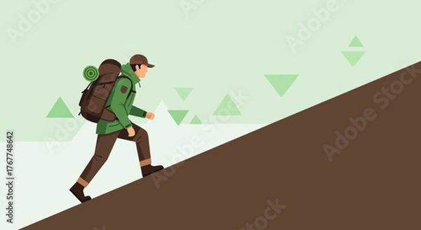 Obraz Adventurer Ascends A Steep Mountain Slope With Backpack, Reaching The Summit