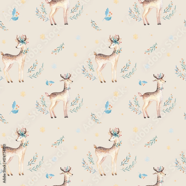 Obraz Seamless Christmas baby deer seamless pattern. Hand drawn winter backgraund with deer, snowflakes. Nursery xmas animal illustration. New year design.