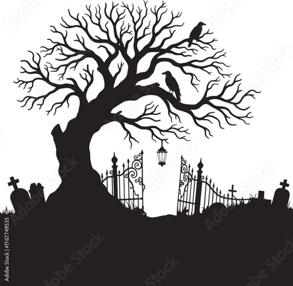 Obraz haunted graveyard silhouette with spooky tree and crows