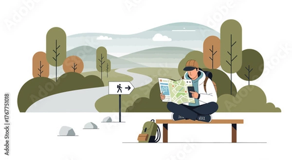 Fototapeta Adventurer Planning Route With Map And Phone In The Great Outdoors Scene