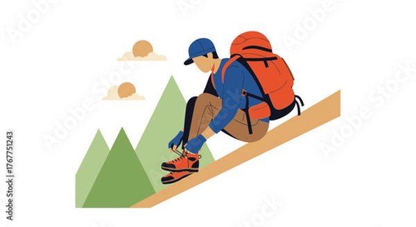 Fototapeta Adventurer Prepares For The Climb: Tying Boots Before Ascent To Mountain Peaks