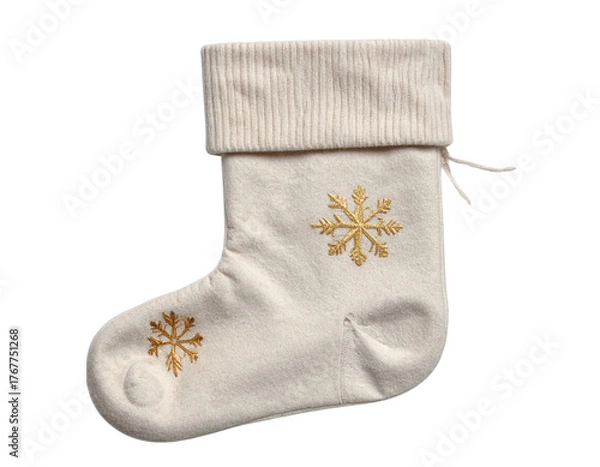 Obraz Modern Scandinavian Christmas Stocking in Beige and Gold with Minimal Snowflake Symbol, Flat Lay, Isolated PNG,And transparent the background.