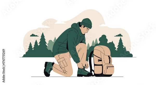 Fototapeta Adventurer Prepares For The Journey Amidst Serene Forest Scenery And Nature Adventure