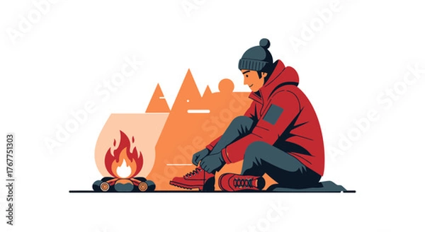 Fototapeta Adventurer Prepares For The Journey At Campfire With Mountains During The Day