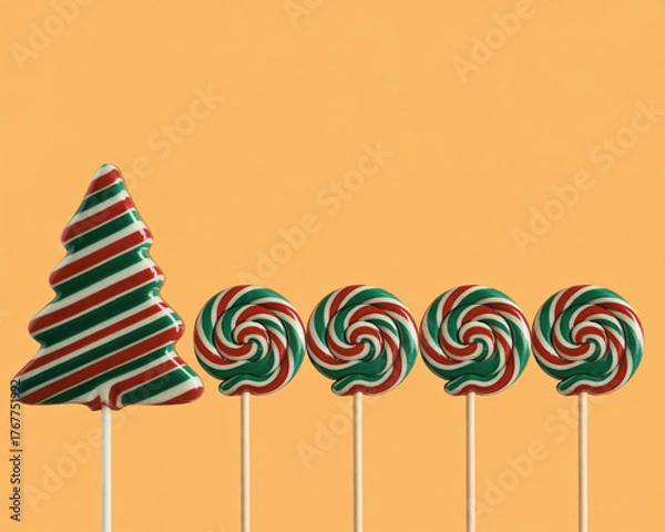 Fototapeta Festive Christmas tree and swirl lollipops bring holiday cheer and sweet joy to celebrations