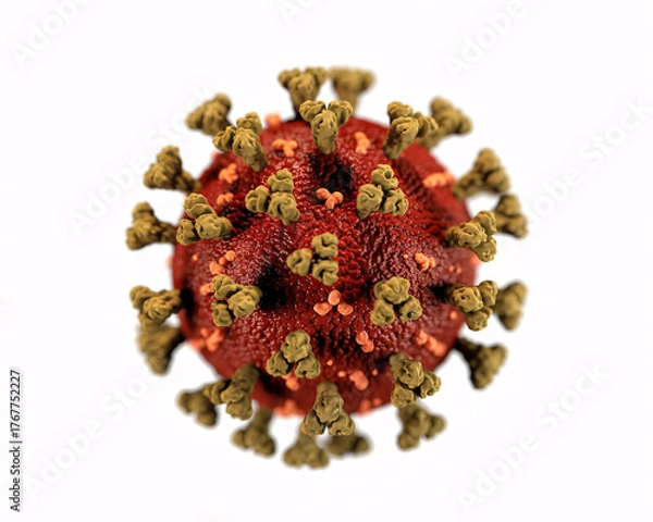 Fototapeta Detailed 3D rendering of a microscopic virus particle with spikes against a clean white background, perfect for science and health.