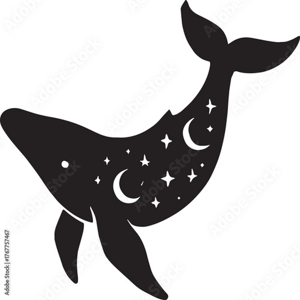Fototapeta Stylized black and white silhouette of a whale infused with celestial elements like crescent moons and stars. This imaginative artwork blends marine life with cosmic symbolism, representing mystery, d