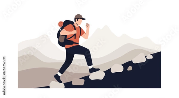 Fototapeta Adventurous Hiker Ascending Rocky Terrain towards Mountains With Backpack Illustration