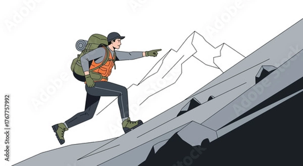 Fototapeta Adventurous Hiker Ascends Mountain, Pointing the Way Towards the Summit's Promise