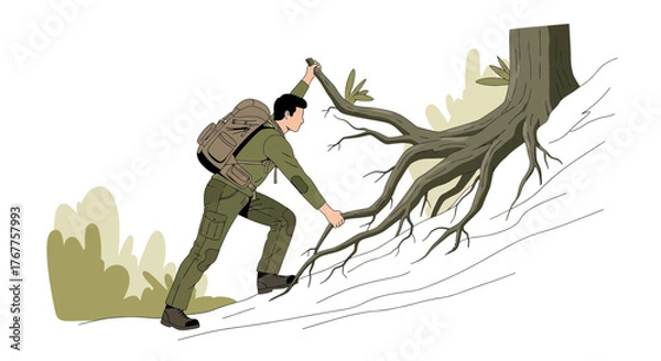 Fototapeta Adventurous Hiker Ascends Hillside with Assistance of Tree Roots During His Journey