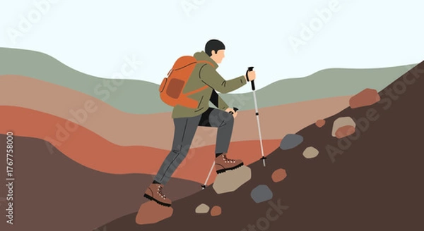 Fototapeta Adventurous Hiker Ascending Rocky Terrain, Depicting Exploration and Determination