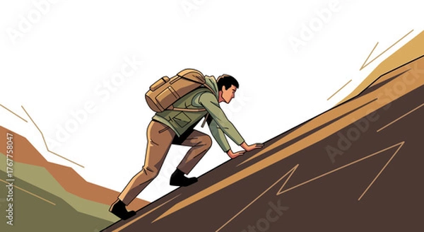 Fototapeta Adventurous Hiker Ascends Steep Terrain, Embracing Challenge and Inspiring Determination