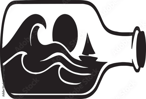 Fototapeta Black and white silhouette artwork of a bottle containing a stylized ocean scene with flowing waves, a sailboat, and a large sun or moon rising in the background. This conceptual illustration evokes t