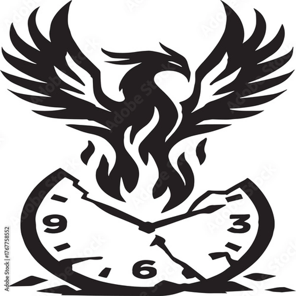 Obraz Black and white silhouette artwork depicting a phoenix ascending from flames above a shattered clock face. The dynamic composition symbolizes rebirth, transformation, and liberation from the constrain