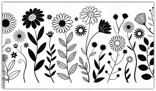 Fototapeta Elegant monochrome floral border design element, hand-drawn vector illustration