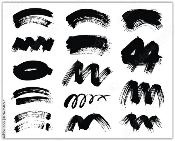 Fototapeta Collection of black and white abstract paint brush strokes graphics
