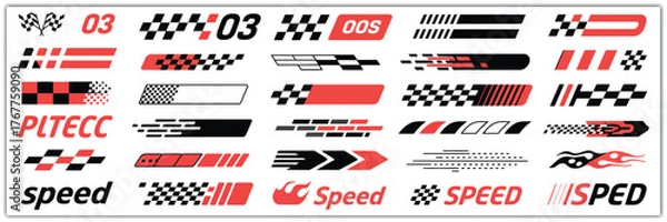 Fototapeta Racing cars and race car stripes set. Checkered flag, motocross labels, dynamic lines, motorsport, racing stripe speed
