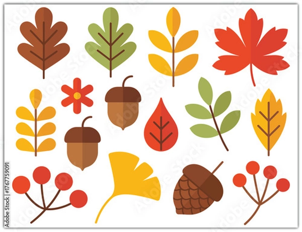 Fototapeta Autumn Leaves and Harvest Fruits Vector Set with Seasonal Elements for Fall Design, Thanksgiving Decorations