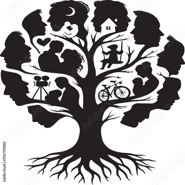Obraz Black and white silhouette artwork of a stylized tree with branches and roots, creatively filled with human profiles, scenes, and symbols. Elements include faces, a couple embracing, a swing, a bicycl