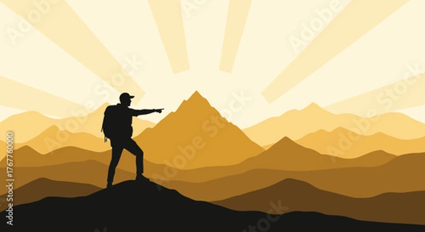 Obraz Adventurous Hiker Reaching The Summit, Guiding Towards A Golden Sunrise Background