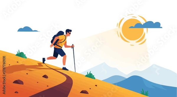 Obraz Adventurous Traveler Ascending a Mountain Hiking Path Under the Shimmering Sun