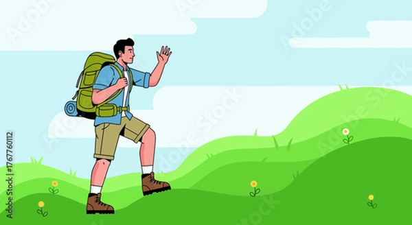 Obraz Adventurous Traveler Ascending a Green Hill in a Sunny Day with Backpack Hiking