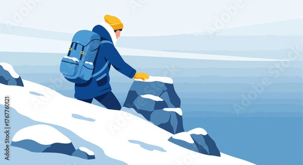 Obraz Adventurous Traveler Ascending Mountain, Facing Frozen Landscape in Winter Season