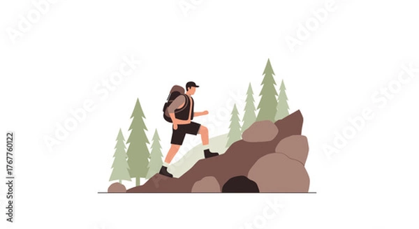 Fototapeta Adventurous Traveler Ascending Rocky Terrain With A Backpack And Exploring Nature