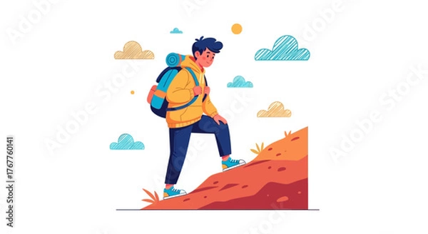 Fototapeta Adventurous Traveler Ascends Mountain in Colorful Artistic Illustration of Tourism