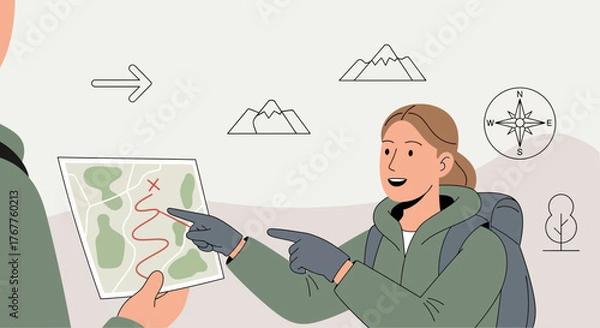 Fototapeta Adventurous Traveler Demonstrating Route On Map To Plan Exciting Journey During Hike