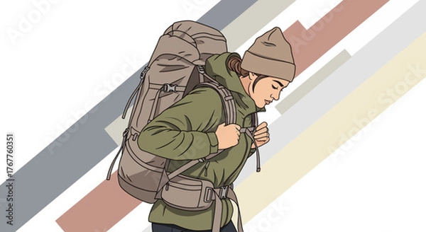Obraz Adventurous Traveler Heading Outdoors With A Large Backpack In Pop Art Style